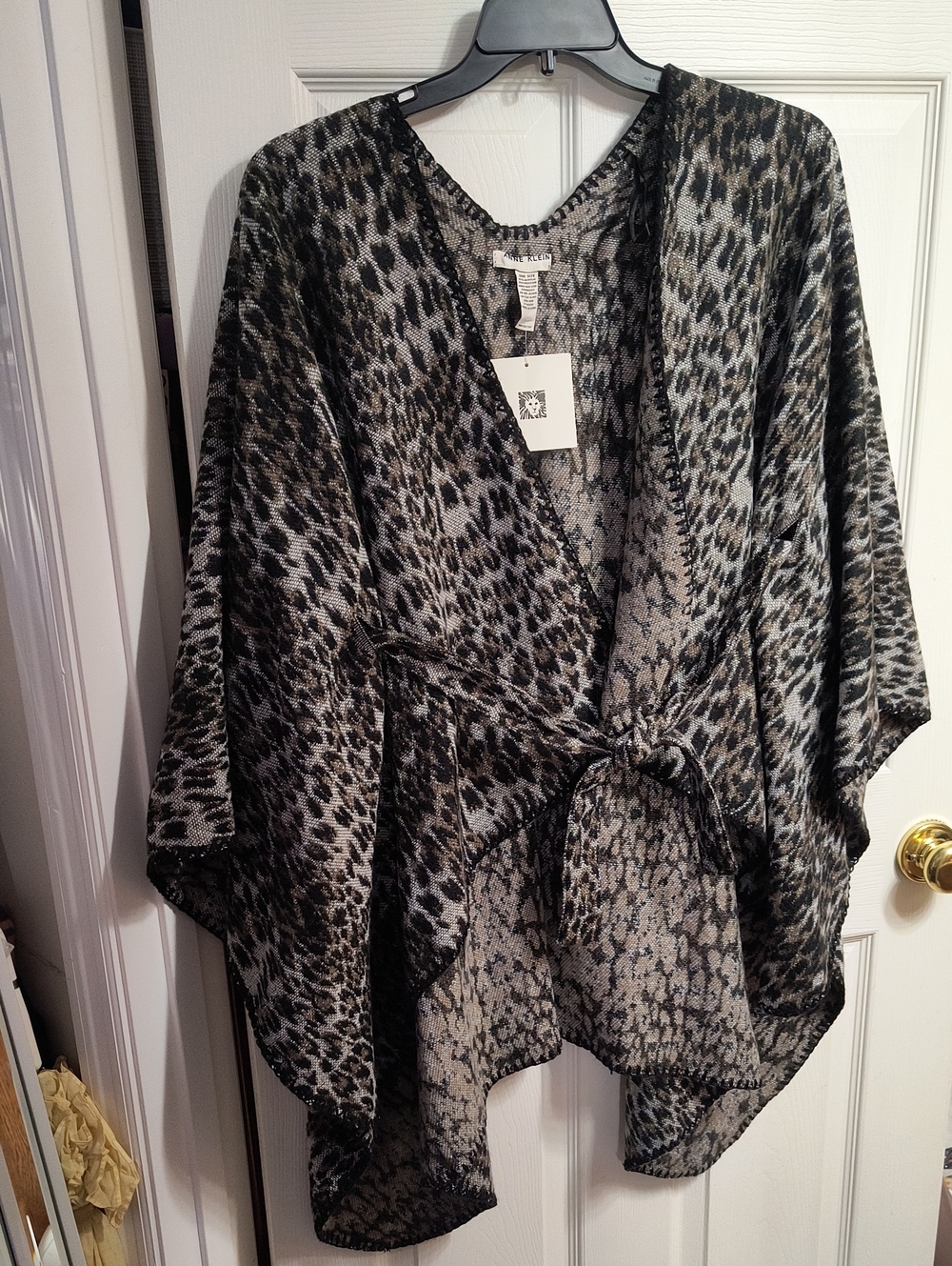 Anne Klein Black & Tan Animal Print Tie-Front Poncho Sweater